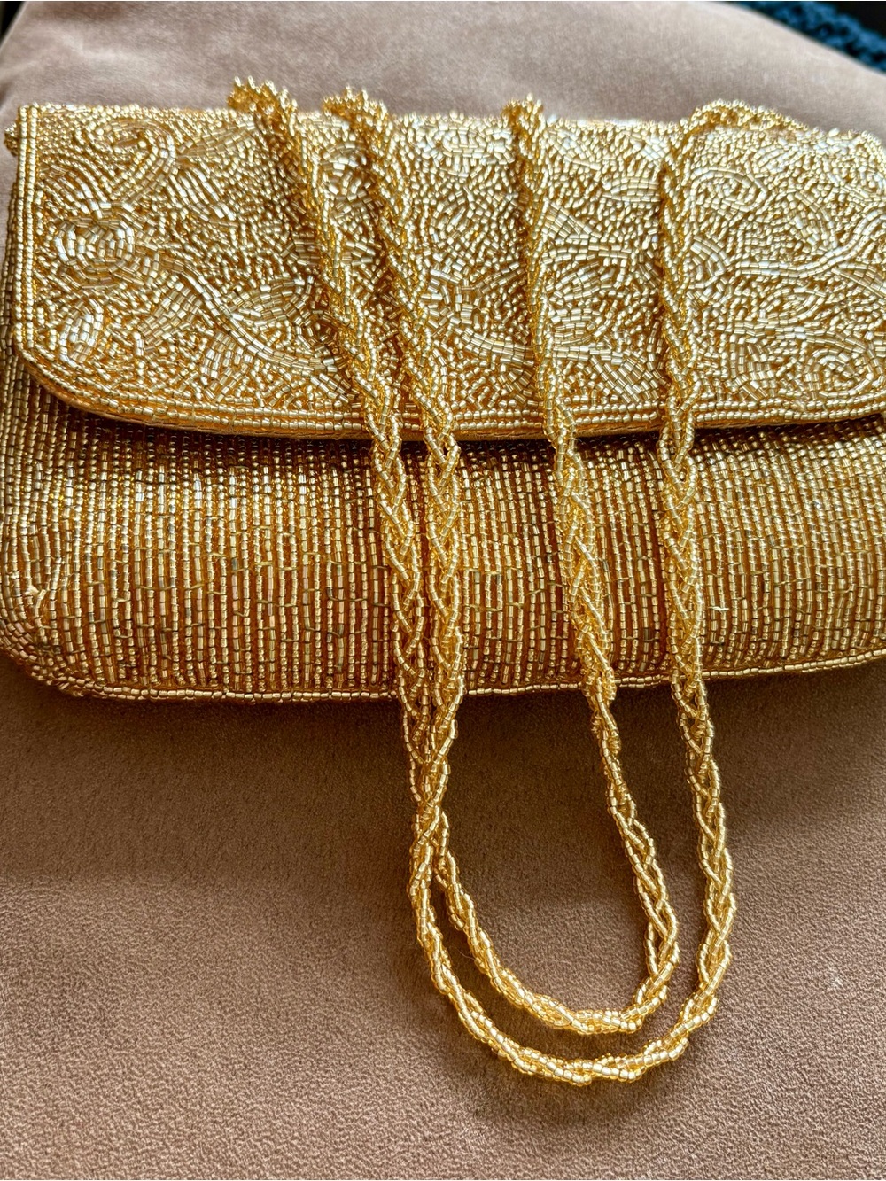 Gold Glitz Beaded Evening Clutch with Lacey Gold Chain Strap